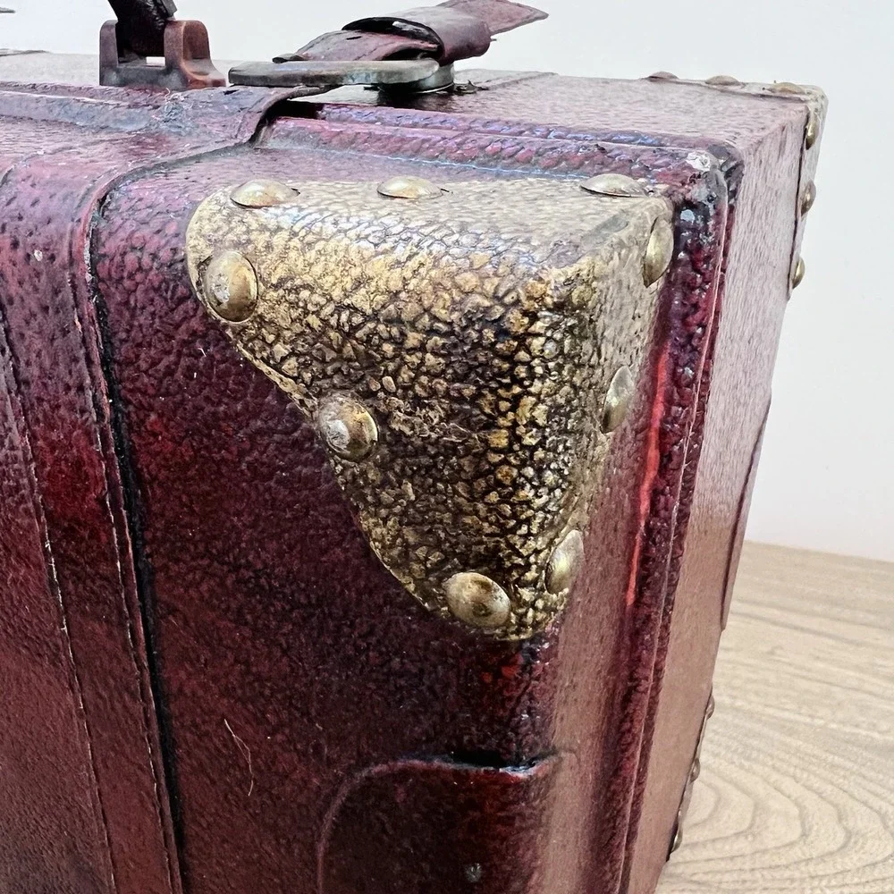 Vintage 90s Burgundy Faux Leather Decorative Trunk Storage Chest Brass Accents